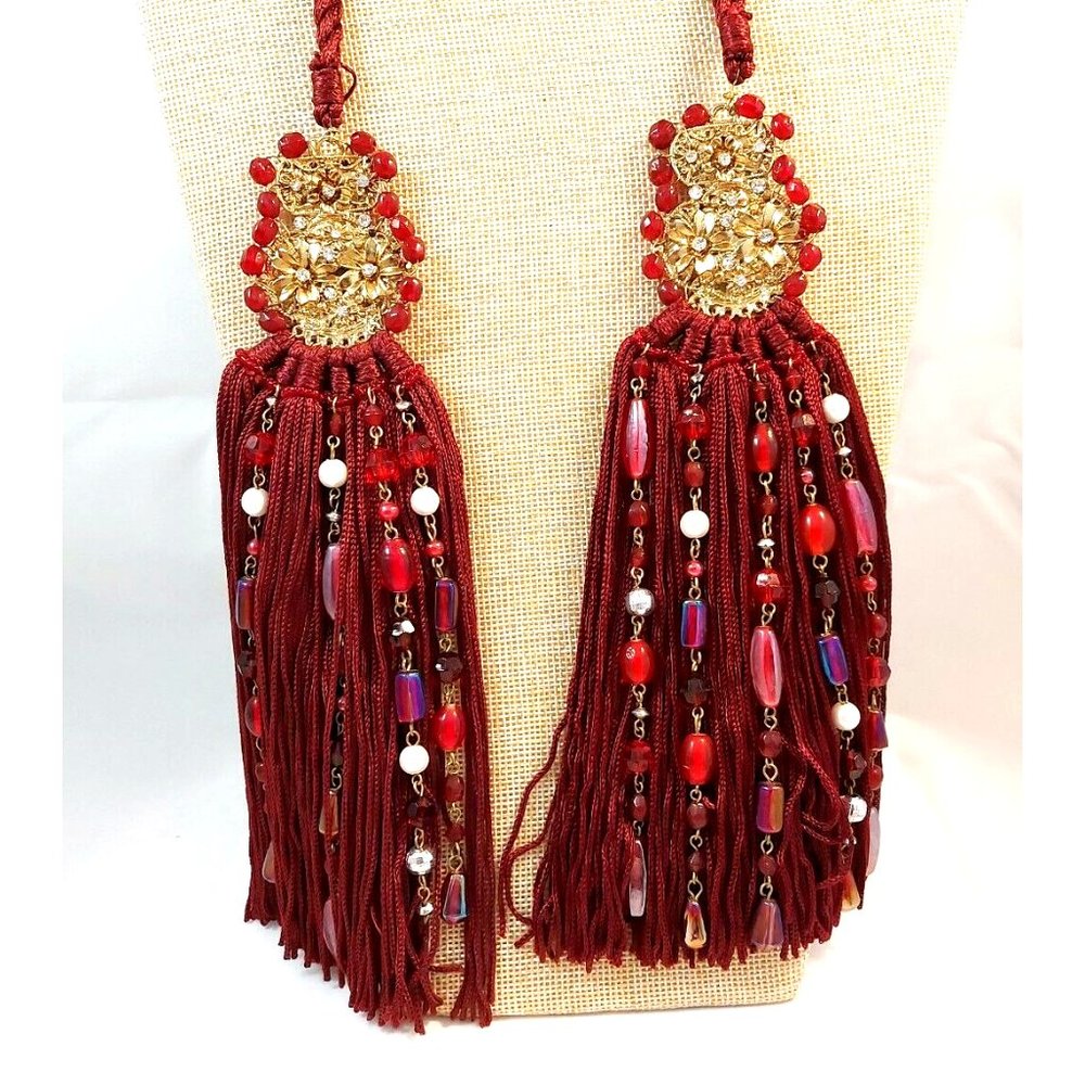 Vintage Baroque Gold Tone/Red Silk Fringe Rhinestones Pearls beads Tassel Pair